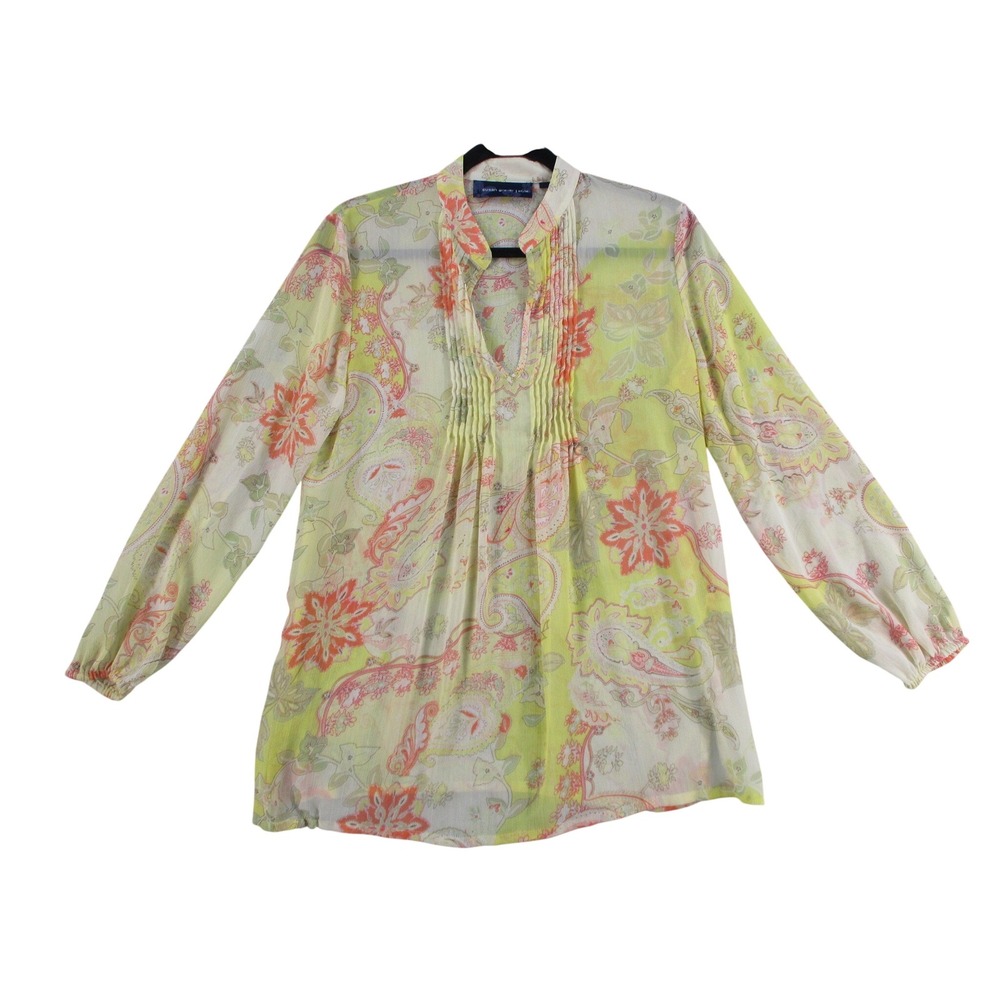 Susan Graver Style Womens Small Yellow Paisley Pintuck Split Neck Blouse Top
